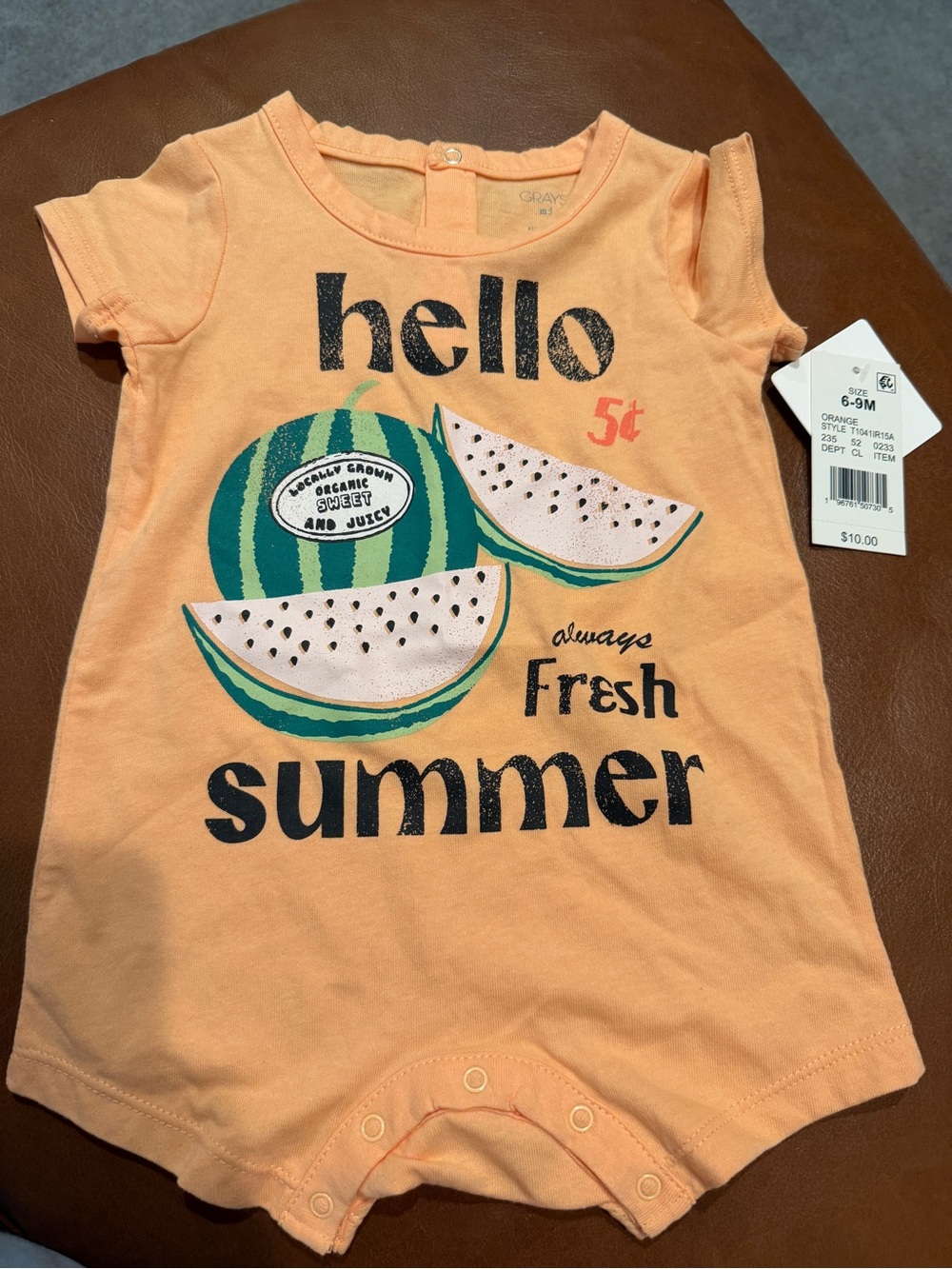 NWT! 6-9 months Hello Summer Peach Baby Romper with Watermelon Graphic